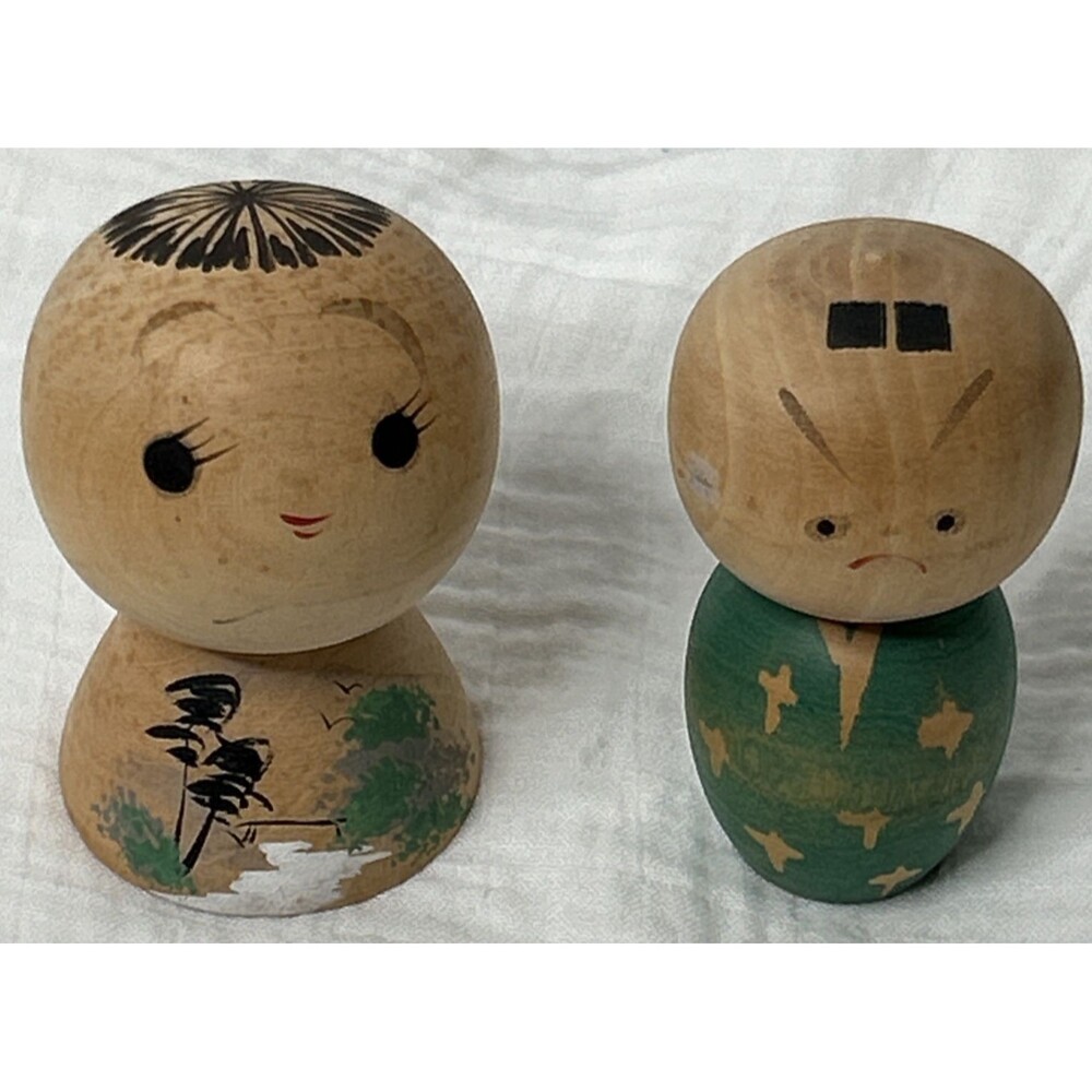 Vintage Japanese Creative KOKESHI Dolls Hand-Painted Folk Art set of 2 ~3" tall